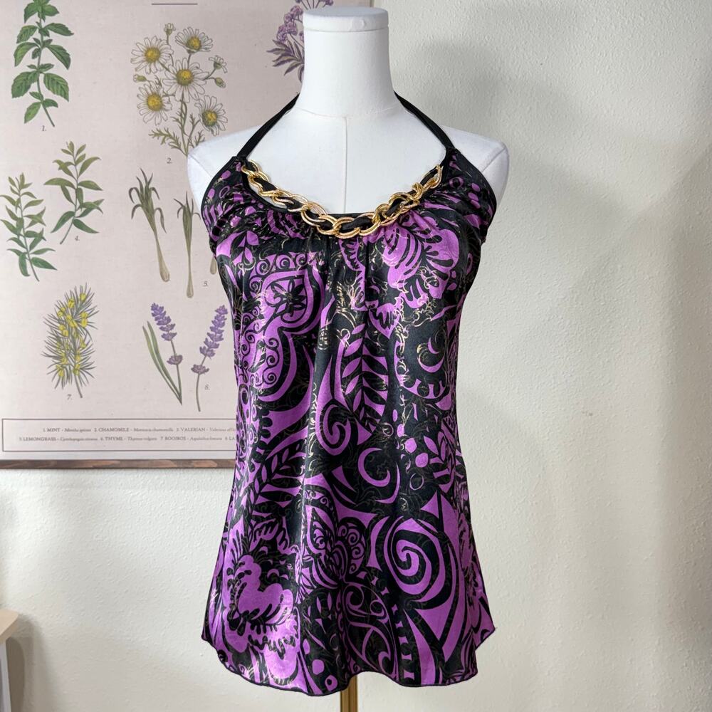 Y2k Satin Chain Detail Halter Tunic Top McBling Trashy Sexy Party Dark Fairy S